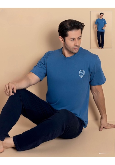 Pijamerry Erkek Bisiklet Yaka Kısa Kol Penye Pijama Takımı 6380 - 1 Adet Mavi