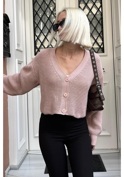 Madmext Pudra Uzun Kollu Düğmeli Crop Hırka Mg2198 Pudra