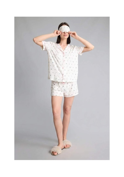 Defacto Regular Fıt Şortlu Kısa Kollu 2li Desenli Softshell Ecru Pijama Takımı H6851ax26smer98 Ekru-er98