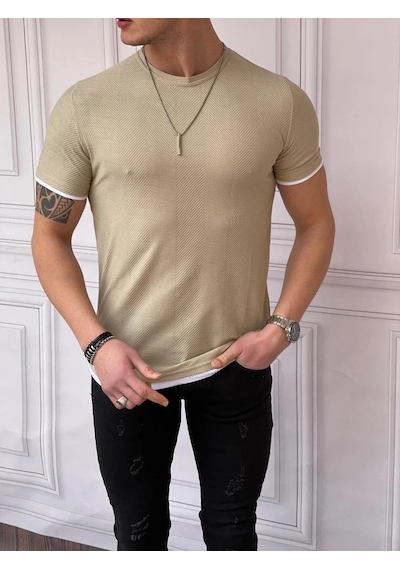 Modefendi Slim Fit Örgü Desen Pamuklu Parçalı Tshırt Bej