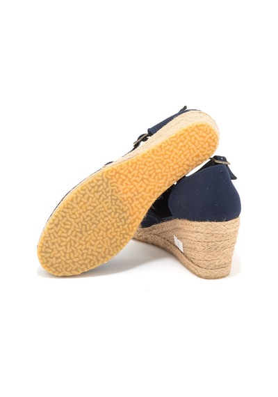 Gerçek Elişi Topuğu Kapalı Bilekten Bantlı Keten Espadril Dolgu Topuk Handmade Lacivert