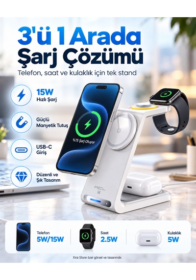 3 Ü 1 Arada Manyetik Kablosuz Şarj Standı 15w Hızlı Şarj, Telefon + Akıllı Saat + Kulaklık