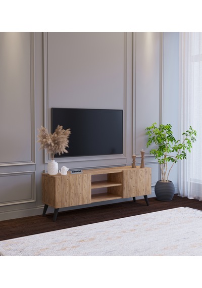 Ahşap Görünümlü Mdf 2 Kapaklı Raflı Tv Ünitesi