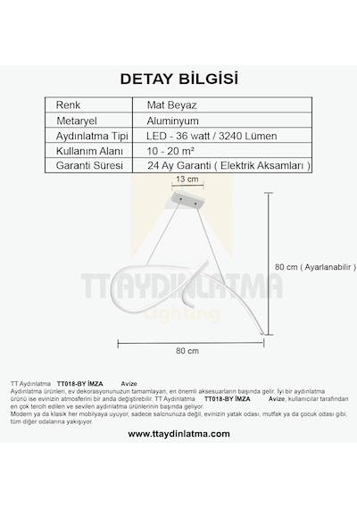 Tt018-By Tt Aydınlatma Imza Modeli Mat Beyaz Led Avize