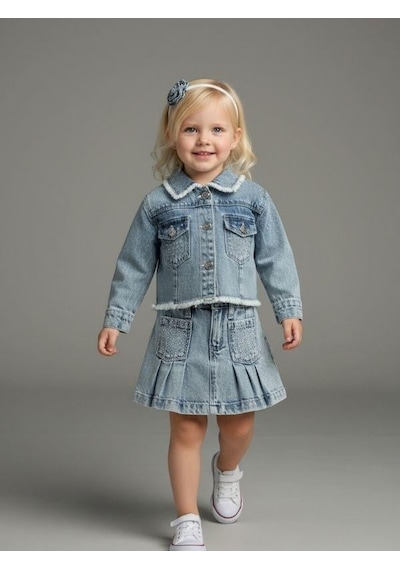 Zekids Kız Bebek Taşlı Cepli Pileli Jean Etek-16879 Mavi