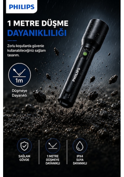 Philips SFL7010R/62 Şarjlı LED El Feneri 1000 Lümen 700 Metre Işın Mesafesi 3000mAh Powerbank Özellikli IPX4 Suya Dayanıklı