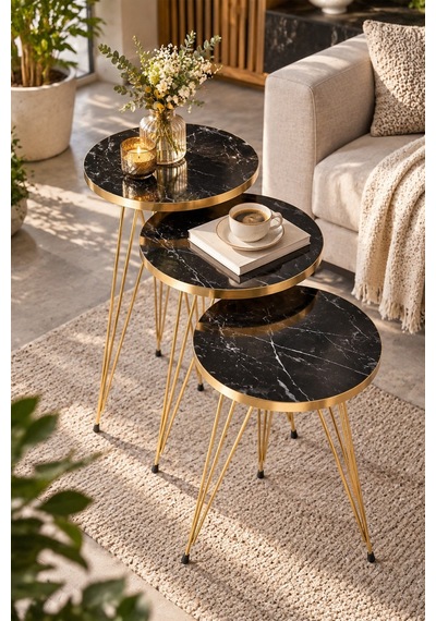 Sulorahome Gold Bendir Tel Zigon Sehpa Seti 3'lü Siyah Mermer Desenli