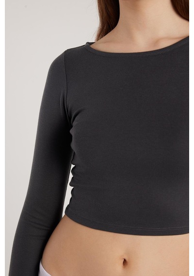Tudors Kadın Slim Fit Dar Kesim Modal Kumaş Uzun Kollu Bisiklet Yaka Antrasit Bluz-33729 Antrasit