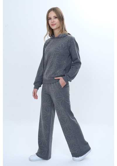 Toontoy Kids Toontoy Kız Çocuk 2'li Takım Taş İşlemeli Kapüşonlu Sweatshirt & Beli Lastikli Bol Paça Cepli Eşofman Altı - 2 İplik Antrasit