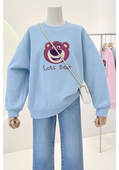 Benroma 3 İplik Penye Lost Bear Baskılı Unisex Sweatshırt Bebe Mavisi