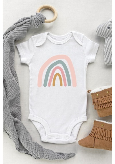 Babylimon Unisex Bebek Beyaz Gökkuşağı Pembe Kısa Kol Çıtçıtlı Body Zıbın Beyaz - 132207437 Beyaz