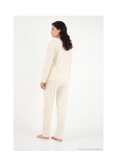 Lela Desenli Yumuşak Dokulu Kışlık Polar Pijama Takımı Kadın Pijama Takımı 6575031 Ekru