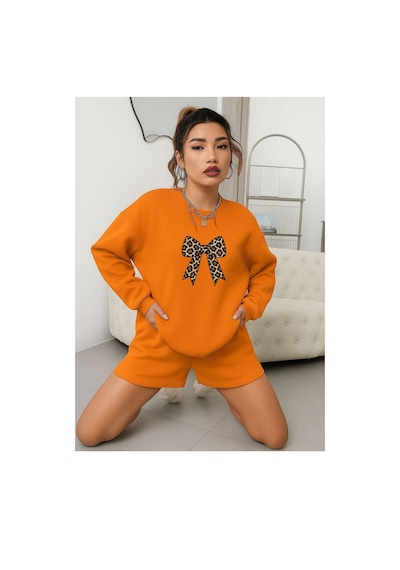 Benroma 3 İplik Penye Kurdela Baskılı Unisex Sweatshırt Turuncu