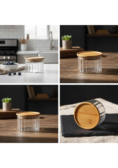 Linie Slim Bambu Kapaklı Borosilikat Cam Saklama Kabı - Çizgili Vakumlu Baharatlık, Çay Ve Kahve Kavanozu - 200ml Ve 300ml Seçenekleri 200ml Çok Renkli
