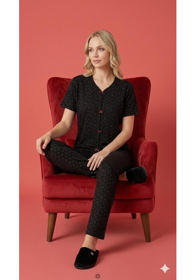 Sleeproom Yazlık Siyah Çiçek Desenli Kısa Kol Penye %100 Pamuk Pijama Takım Siyah Çıtır Çiçek