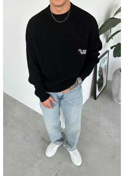 Siyah Los Angeles Nakış Oversize Triko Kazak Siyah