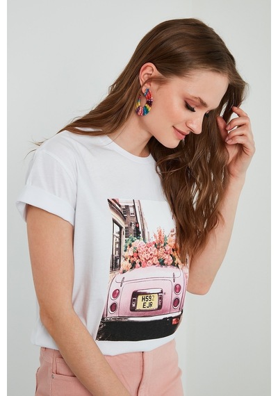 Unisex Örme Oversize Pink Woswos Basklı Beyaz T-shirt. Beyaz