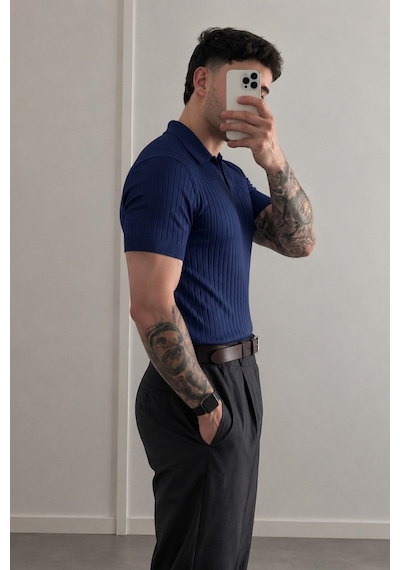 Tarz Cool Premium Fitilli Triko Polo Yaka Erkek Old Money T-shirt Lacivert