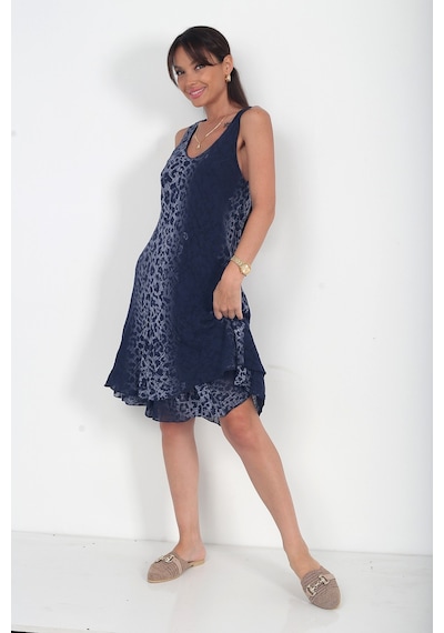 By Saygı Kadın İtalyan Cotton Leopar Desenli Astarlı Sıfır Kol Midi Elbise Lacivert