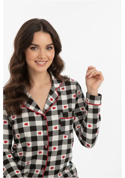 Luxury Viscose Siyah Beyaz Kareli Kalp Desenli Kadın Uzun Kollu Pijama Takımı 42564 Gri