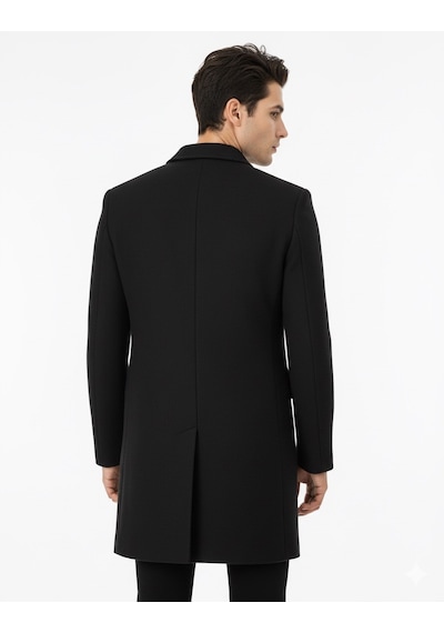 Süvari Slim Fit Sivri Yaka Erkek Koyun Yünlü Kaban Siyah