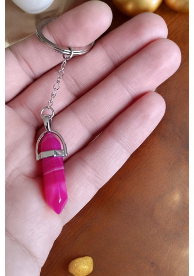 Pembe Akik Taşı Çivi Kesim Anahtarlık Orijnal Doğal Gerçek Taş Çelik Zincir Anahtarlık Doğal Taş
