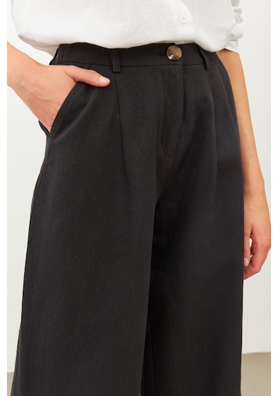 Stella Pulvis Siyah Keten Yüksek Bel Wide Leg Pantolon Siyah