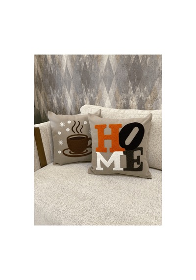 2 Li Dekoratif Kırlent Kılıfı Home Yazılı Kahve Fincanı Desenli Modern Bohem Salon Bej Bej