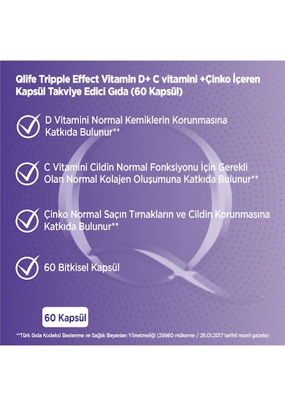 Qlife Tripple Effect Vitamin D Vitamin C Çinko 60 Kapsül