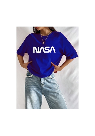 Medinenur Unisex Nasa Baskılı Siyah Tshirt Mavi