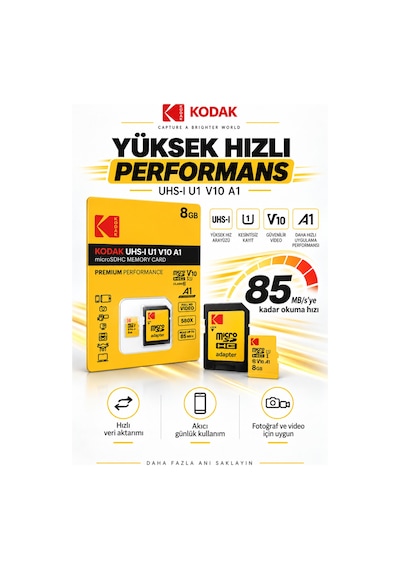 8gb Microsdhc Hafıza Kartı Uhs-ı U1 V10 A1 85 Mb/s Full Hd Destekli Sd Adaptörlü