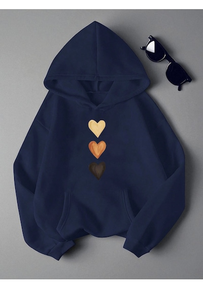 Uyguntarz Unisex Sirali Kalp Baskılı Oversize Sweatshirt Lacivert