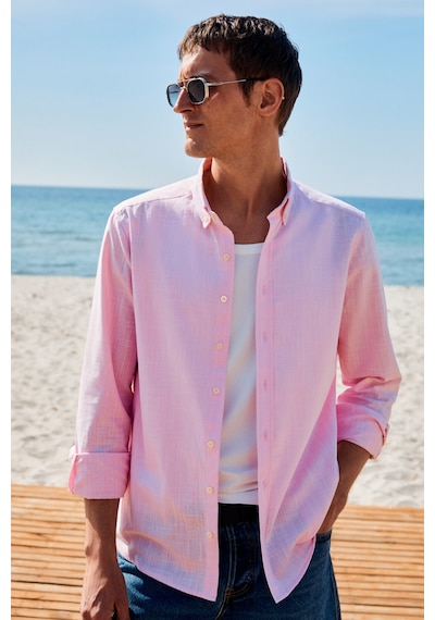 Grimelange Perttu Erkek %100 Pamuk Slim Fit Dar Kesim Düğmeli Yaka Keten Görünümlü Flamlı Pembe Göml Pembe
