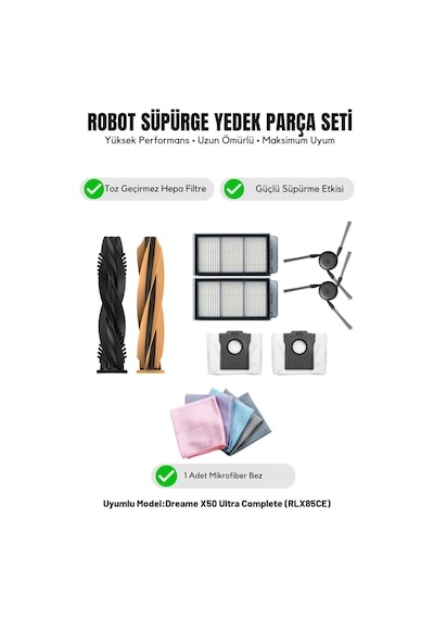 Dreame X50 Ultra Complete Rlx85ce İle Uyumlu 1 Ana Fırça 2 Yan Fırça 2 Filtre 2 Toz Torbası 1 Temizlik Bezi 15.0