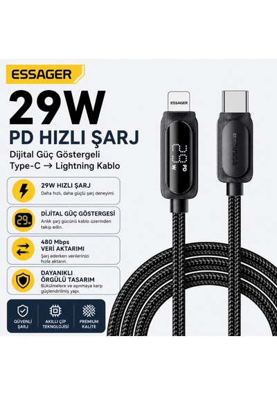 Essager 29w Pd Dijital Göstergeli Type-c To Lightning Hızlı Şarj Ve Data Kablosu 3a 480mbps Örgülü