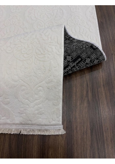 Rölyef Saçaklı Krem Joy Modern Yumuşak Dokulu Kabartmalı Kaymaz Taban Kesme Halı Yolluk Krem1