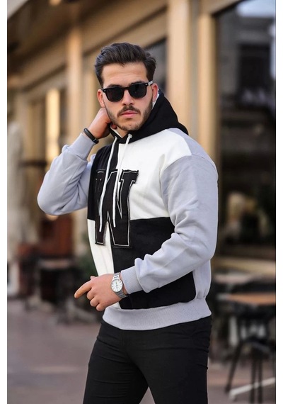Erkek W Nakış İşlemeli Kapüşonlu Sweatshirt - Siyah