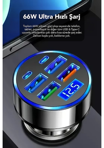 6 Çıkışlı Araç Şarj Aleti - 66w Araç İçi Çakmaklık Süper Hızlı Şarj Aleti Type-c Usb Çıkışlı