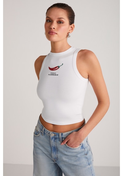 Ethıquet Spıce Kadın Bisiklet Yaka Kalın Askılı Baskı Detaylı Crop Organik Pamuklu Örme Kumaş Beyaz T-shirt