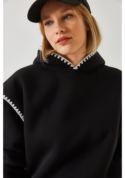 Shade Kadın Kapişonlu Dantel Detaylı Sweatshirt 60601028 - Siyah