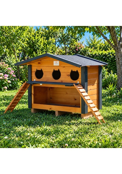 Ahşap 3 Yuvalı Mamalıklı Kedi Evi Dış Mekan