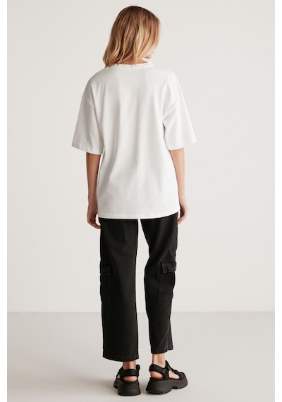 Grımelange Mıllıe Kadın %100 Organik Pamuklu Oversize Kalıp Bol Kesim Baskı Ve Nakış Detaylı Beyaz T-shirt