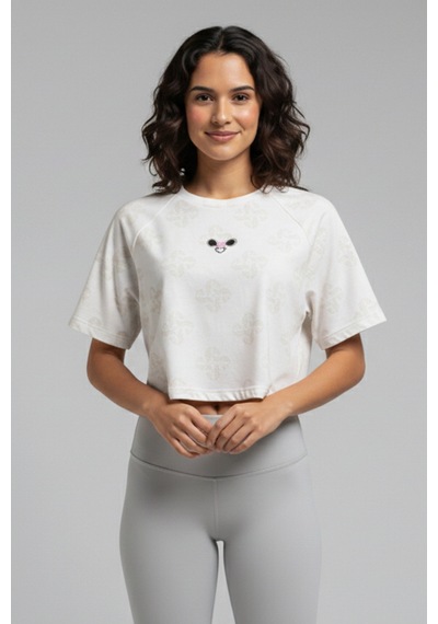 Soft&Basic Kadın 2'li Nakışlı %100 Organik Pamuk Bisiklet Yaka Kısa Crop T-shirt Beyaz-beyaz