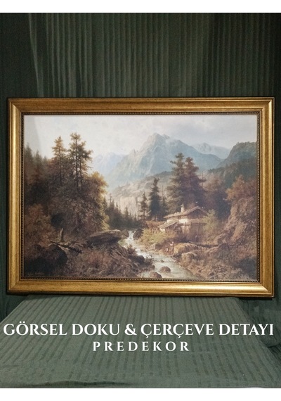 Klasik Gold Çerçeveli Dağ Manzaralı Tablo Orman Ve Dere Lüks Salon Duvar Dekoru 80x60 Cm