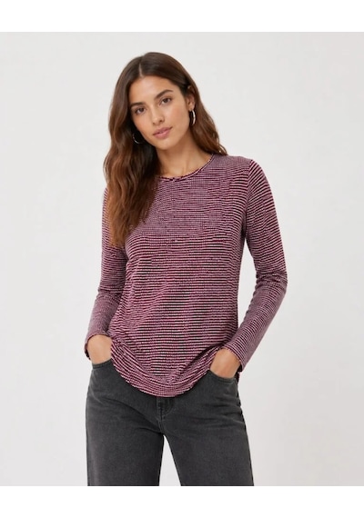 Dogutrend Dokulu Çizgili Uzun Kollu Tişört Oval Kesim Basic Rahat Kalıp Bluz - Bordo