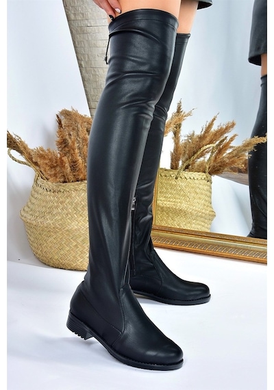 Fox Shoes Suni Deri Siyah Streç Kadın Çizme G268573002 Siyah
