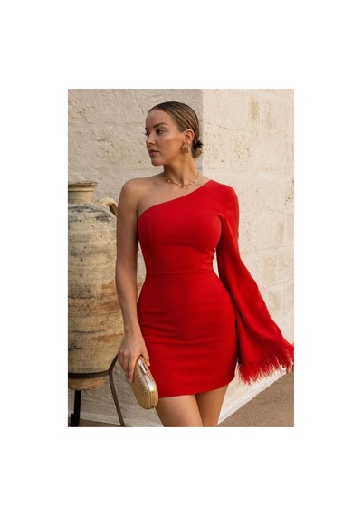 DefyModa Kadın Gösterişli Tek Omuz Mini Abiye Elbise Kırmızı
