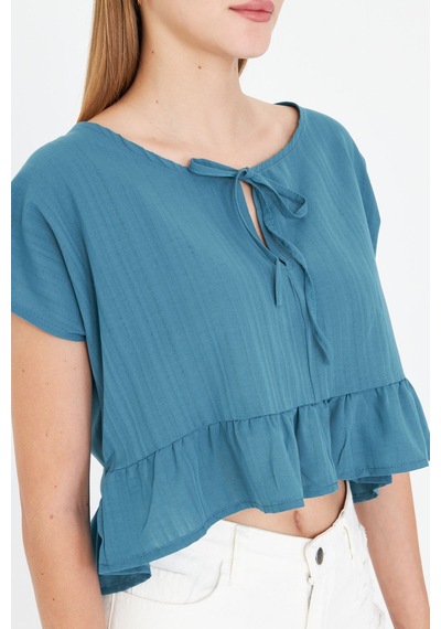 Armonika Kadın Petrol Yarasa Kol Yakası Bağlamalı Eteği Fırfırlı Oversize Crop Bluz Arm-24y001088