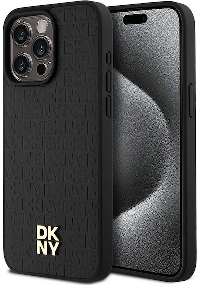 Apple Uyumlu iPhone 15 Pro Max Kılıf Dkny Lisanslı M-safe Şarj Özellikli 3d Yazılı Repeat Pattern Kapak Siyah