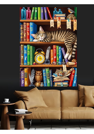 Ahşap Tablo Kitaplıkta Uyuyan Kedi Resmi